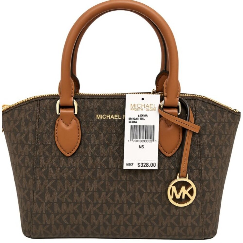 Michael Kors Brown Monogram Medium Satchel With Gold Hardware & Dual Handles